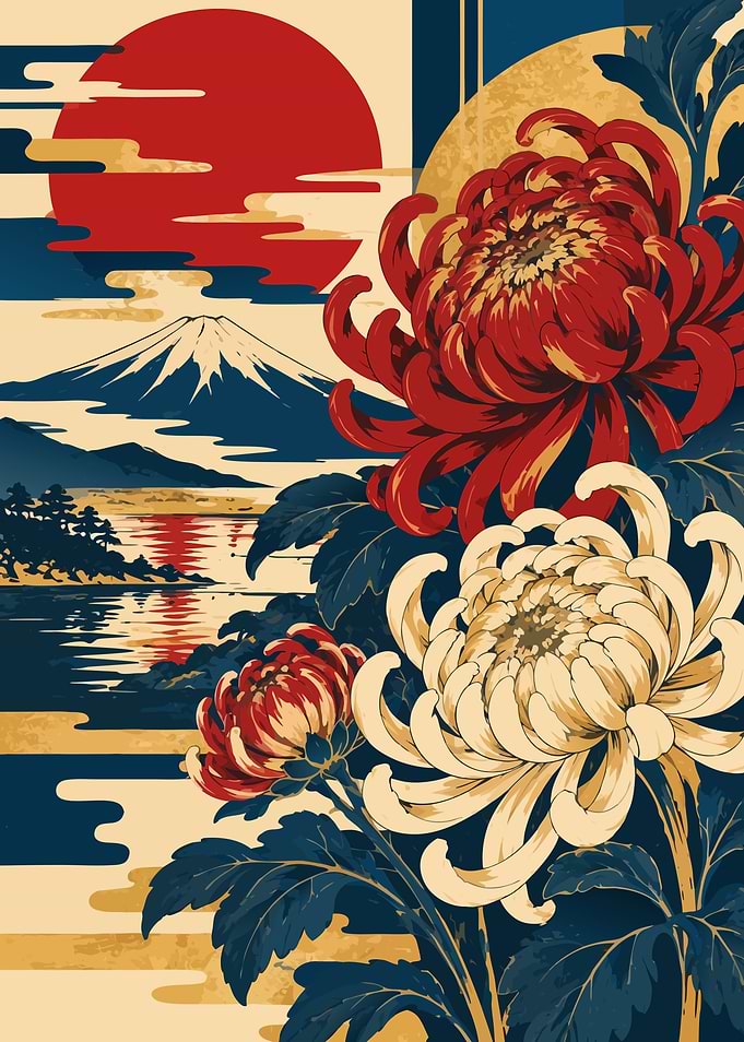 Japanese Ukiyo-e Chrysanthemums and Mount Fuji