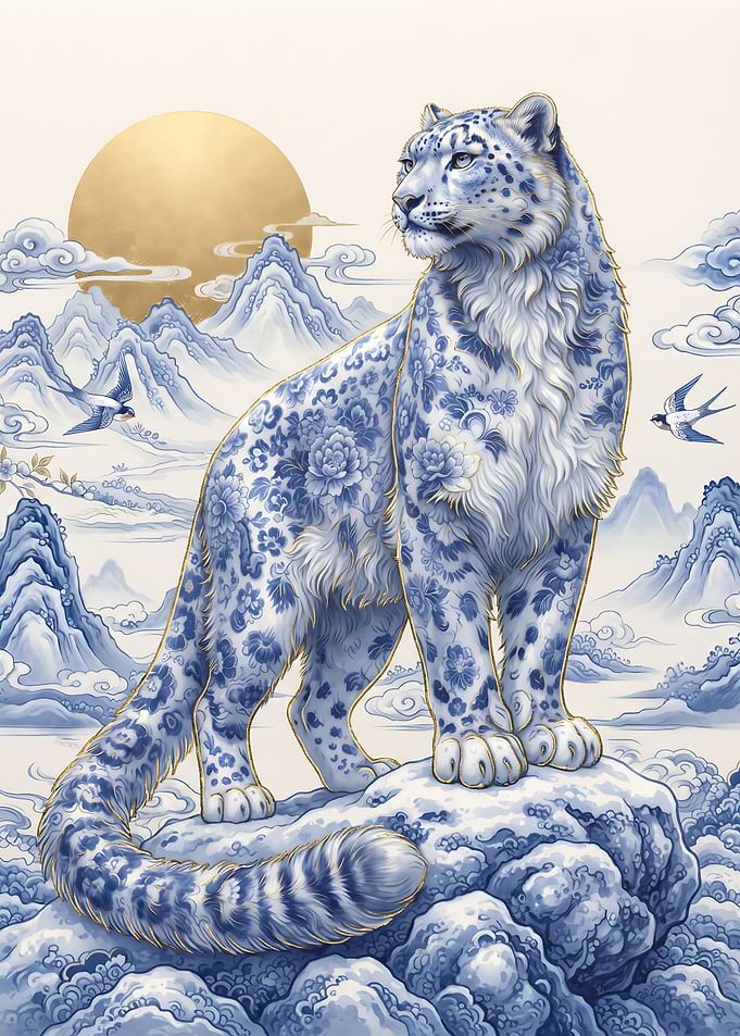Porcelain Style Snow Leopard Illustration