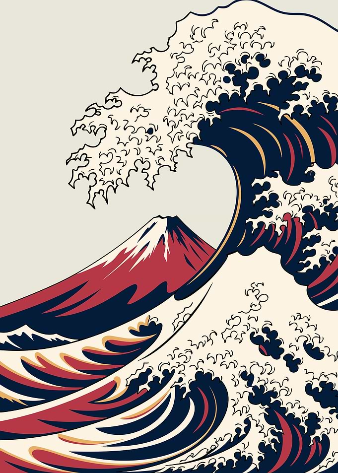 Japanese Fuji and Wave Ukiyo-e Metal Poster, No Text