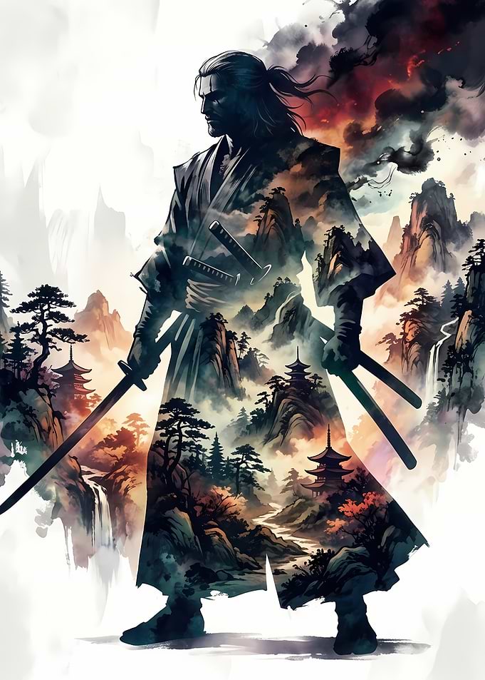 Double Exposure Samurai Landscape Art