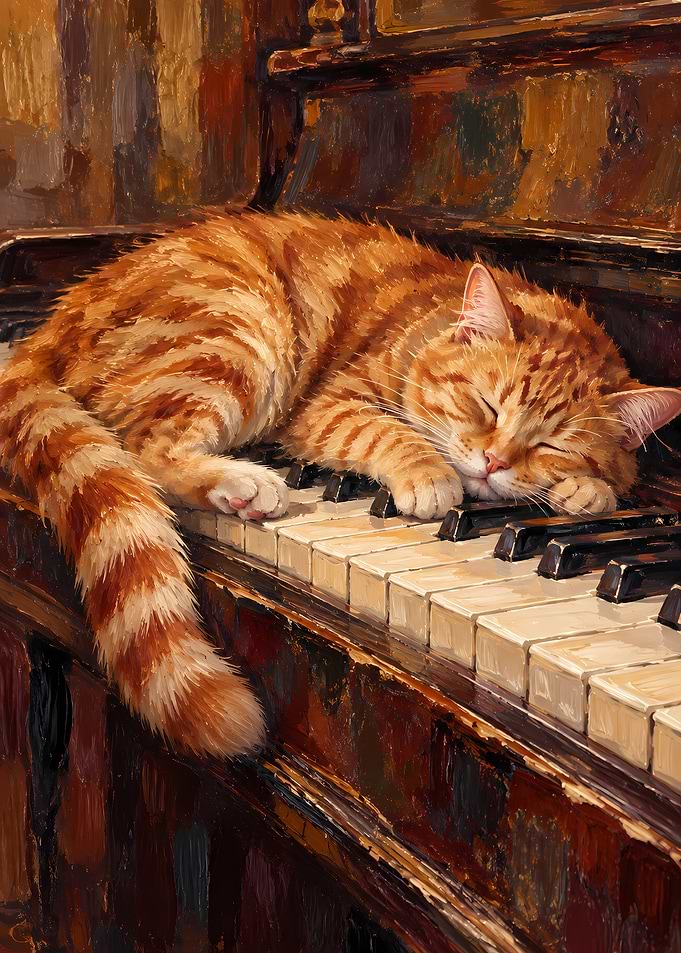 Ginger Cat Sleeping on Piano Keys
