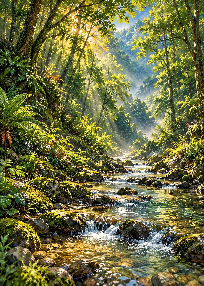 Sunlit Forest Stream and Mossy Rocks