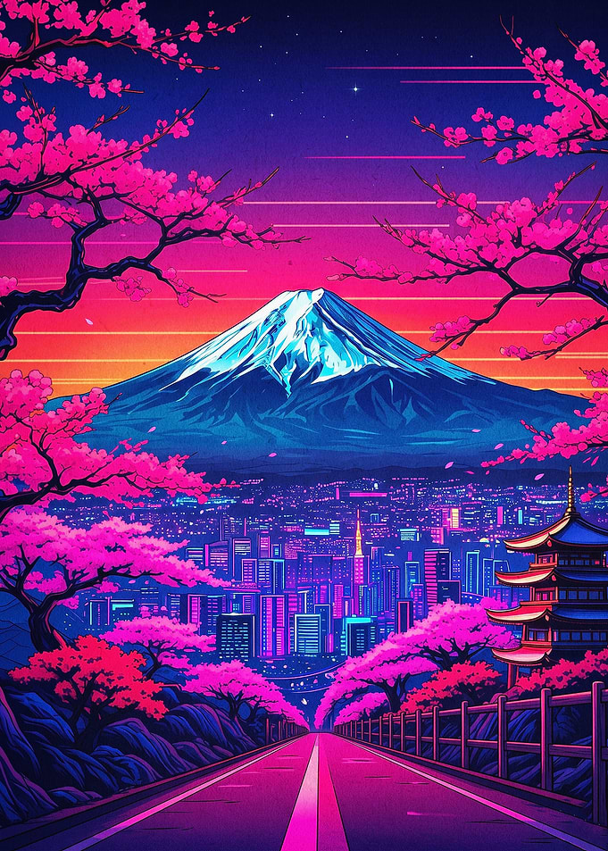 Mount Fuji Neon Japan Retro Poster