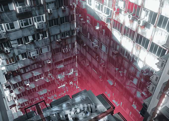 Dystopian Urban Alleyway with Red Glow