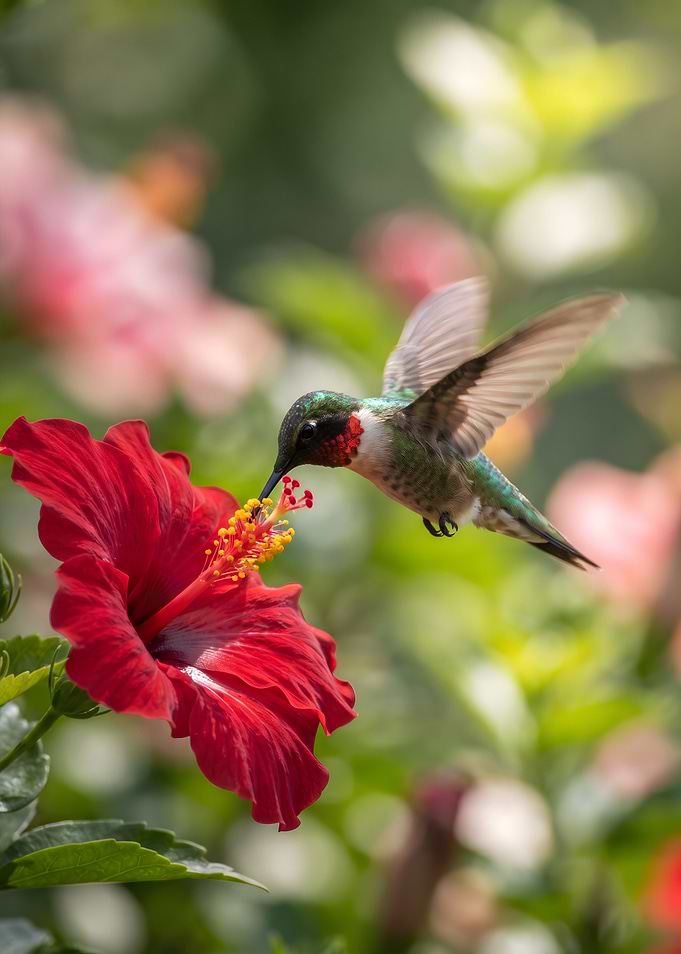 Hummingbird Feeding on Red Hibiscus