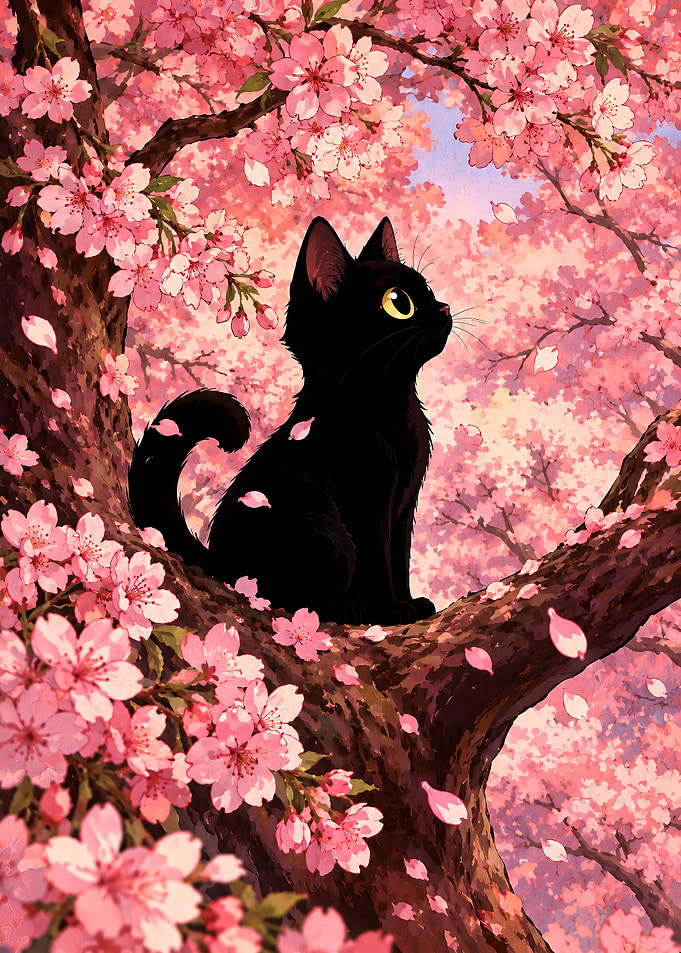 Black Cat in Cherry Blossom Tree