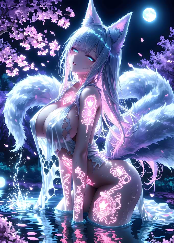 Glowing Kitsune in Moonlight Pond