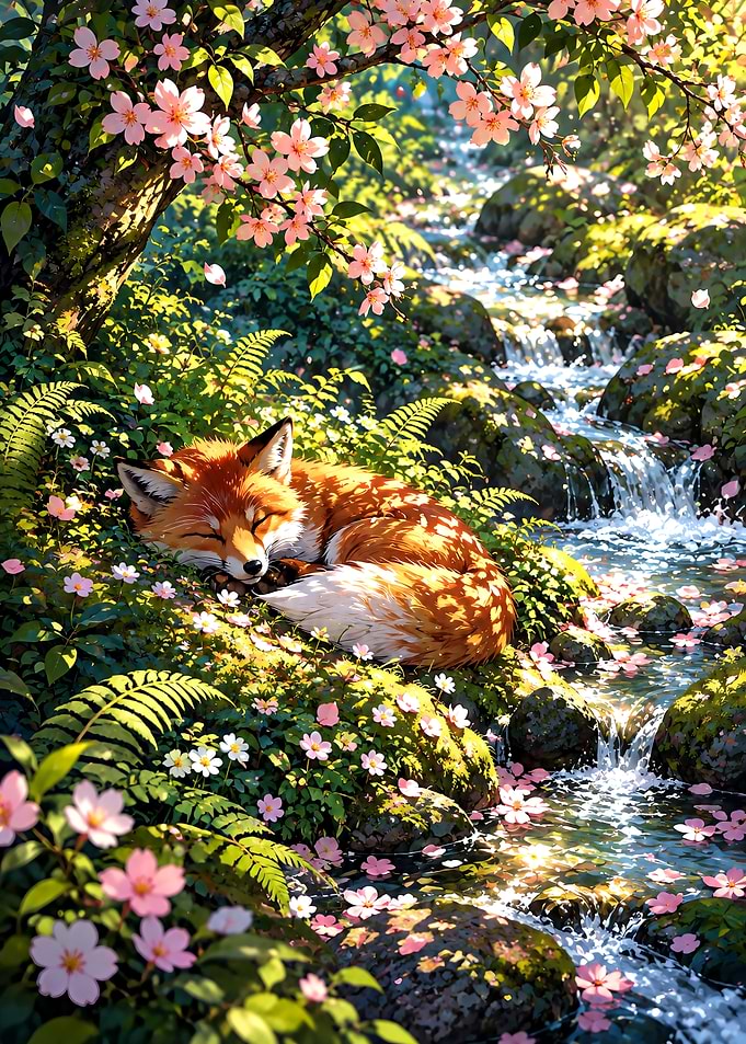 Sleeping Fox by a Cherry Blossom Stream