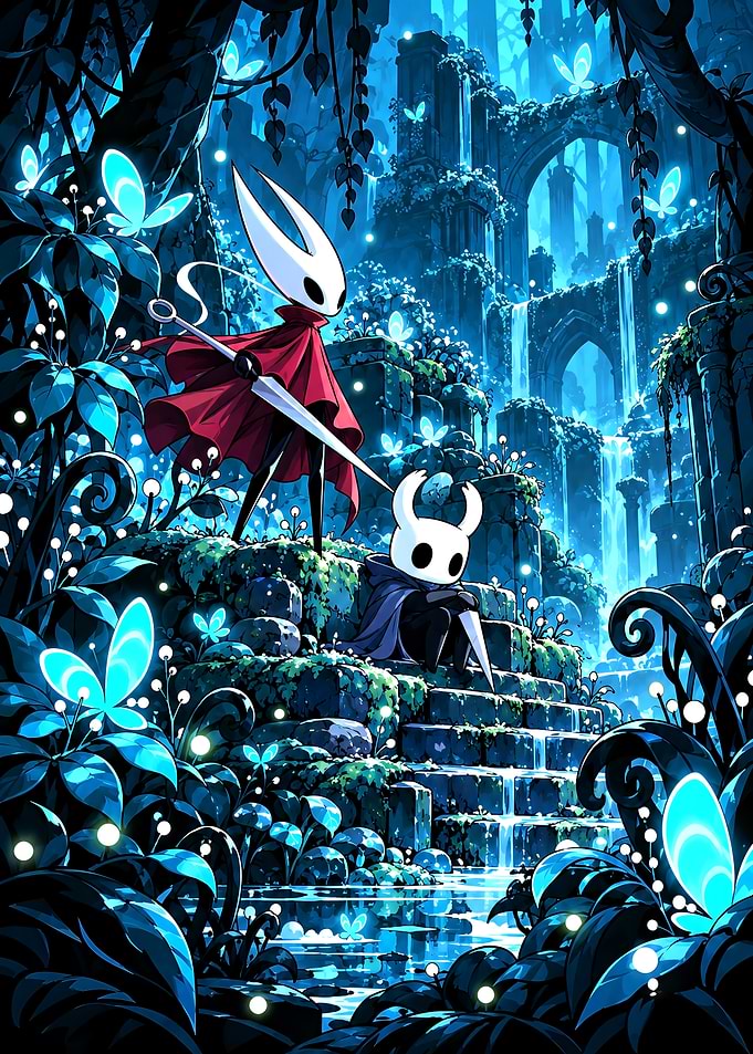 Hollow Knight and Hornet in Greenpath