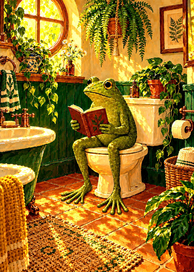 Frog Reading on Toilet