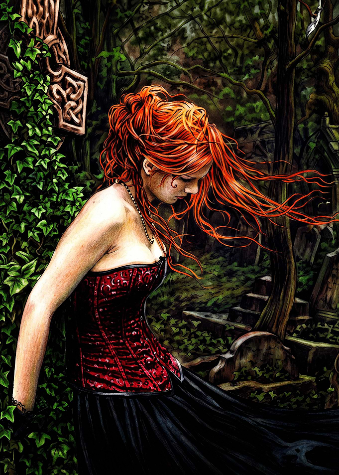 Gothic Red-Haired Woman in Cemetery