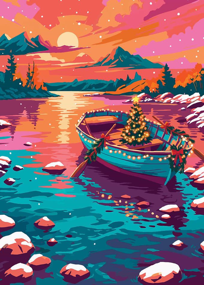Christmas Boat on Snowy Lake