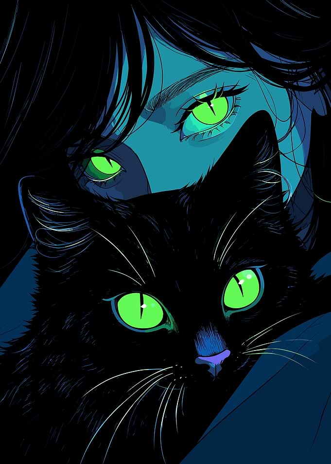 Girl and Black Cat Neon Eyes