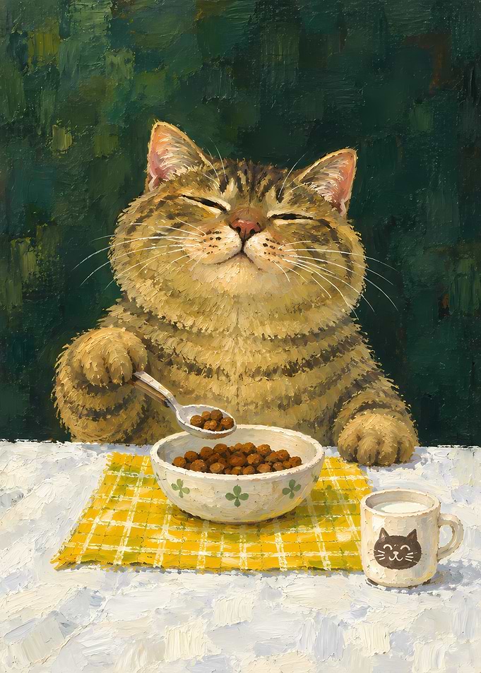 Contented Tabby Cat Eating Breakfast
