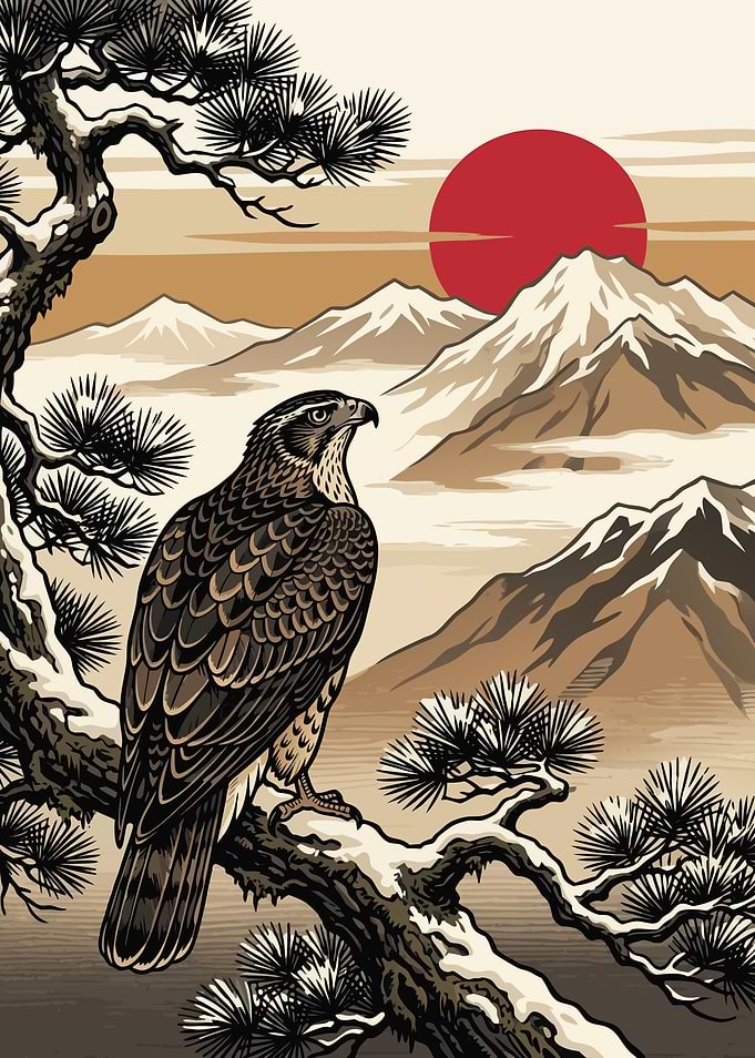 Hawk Perched on Pine Tree