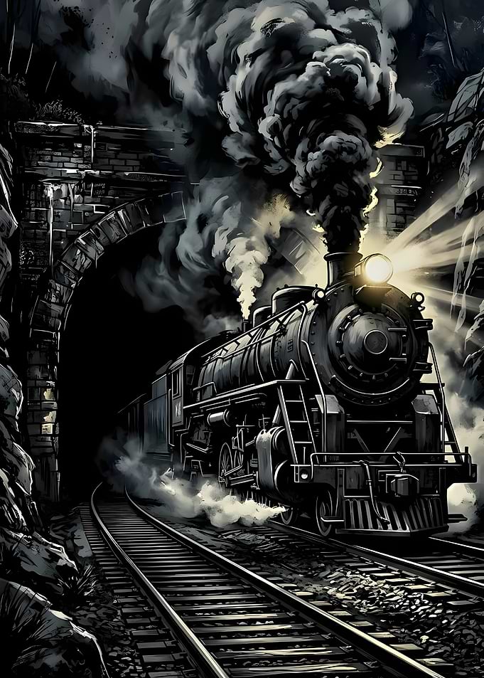 Steam Locomotive Emerging from Tunnel