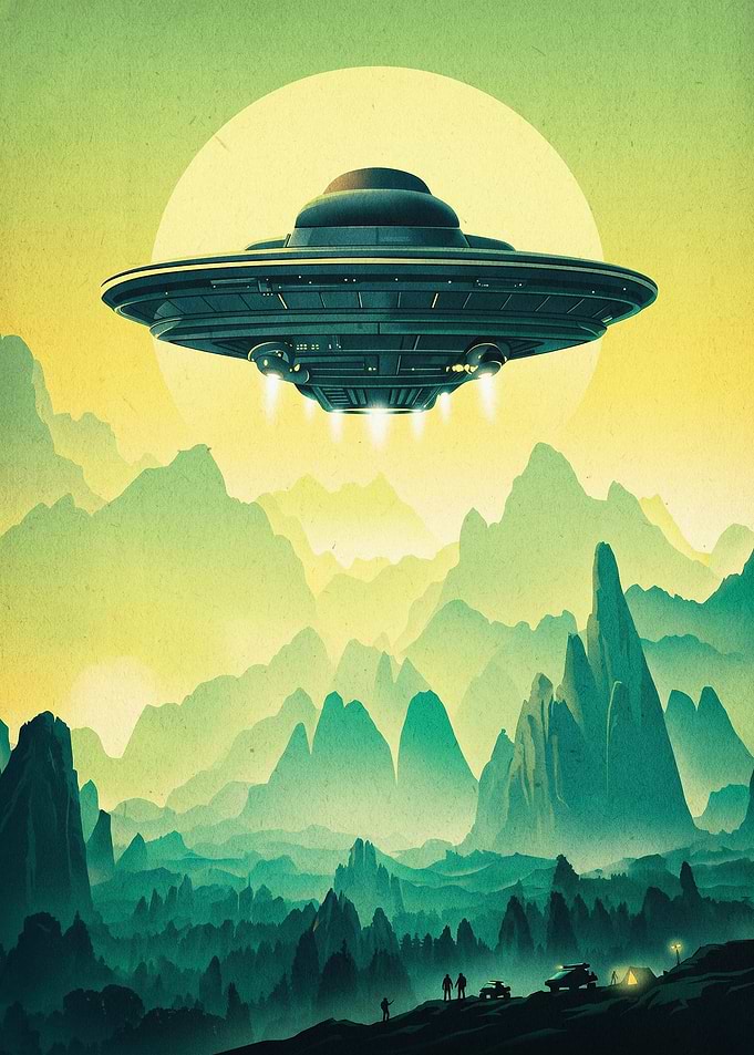 UFO Mountains Retro Sci-Fi Art