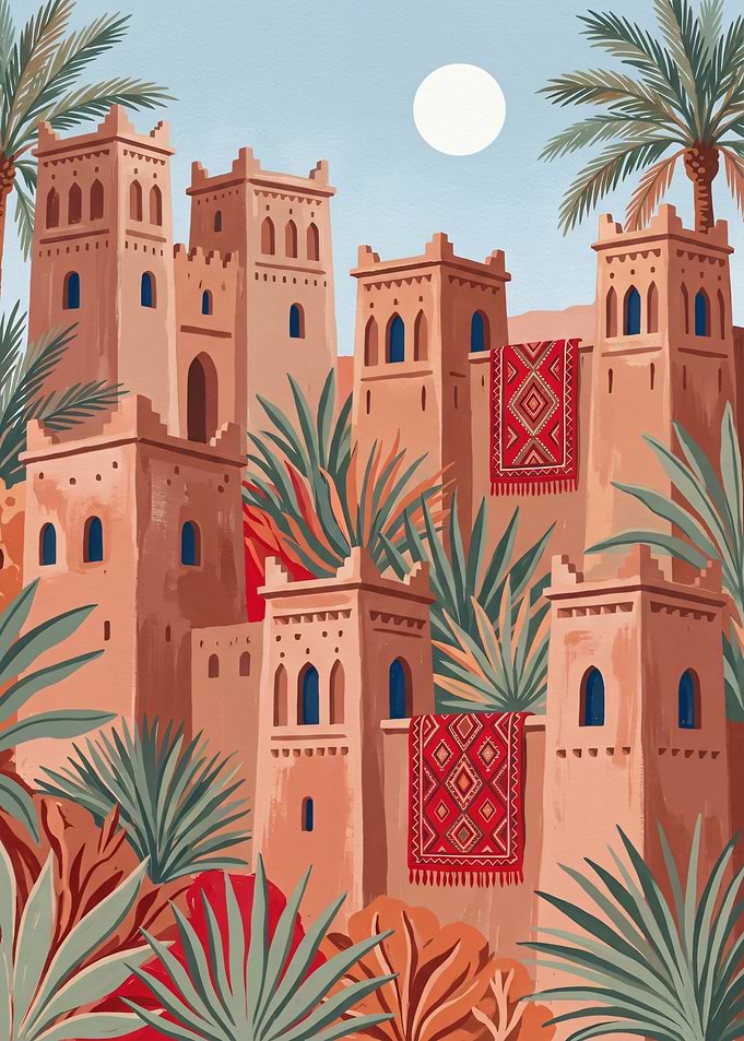 Moroccan Kasbah Desert Oasis Illustration