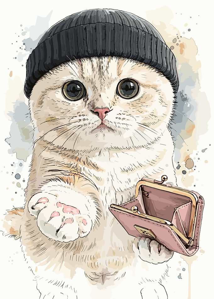 Cute Cat Wearing Beanie Holding Wallet