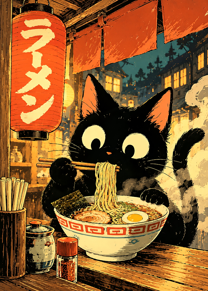Cute Black Cat Eating Ramen