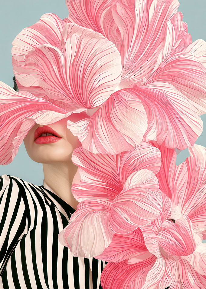 Woman Hidden Behind Large Pink Flowers