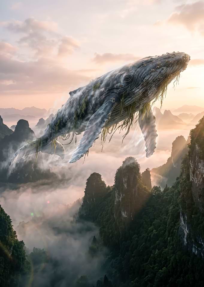 Majestic Flying Whale Over Mountains
