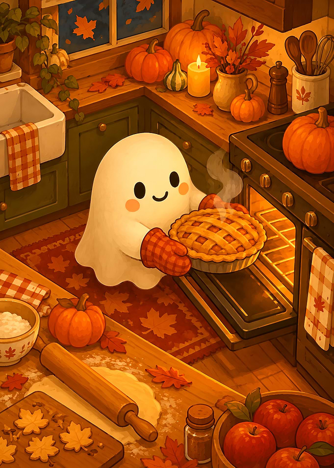 Cute Ghost Baking Autumn Pie