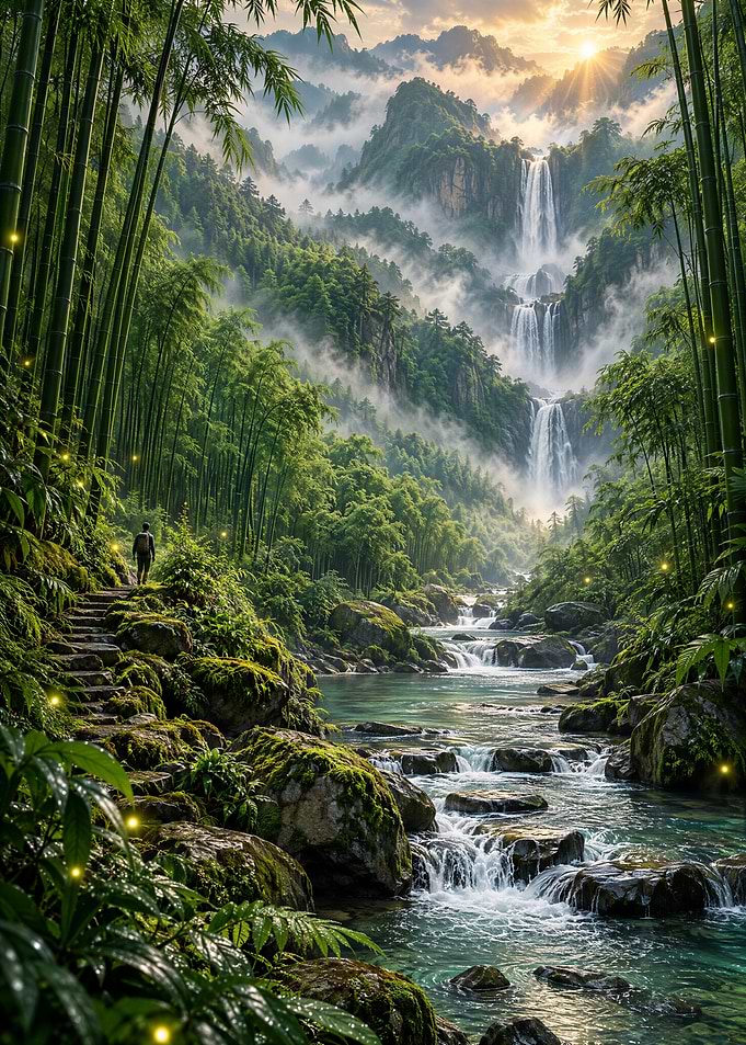 Enchanted Bamboo Forest Waterfall Landscape