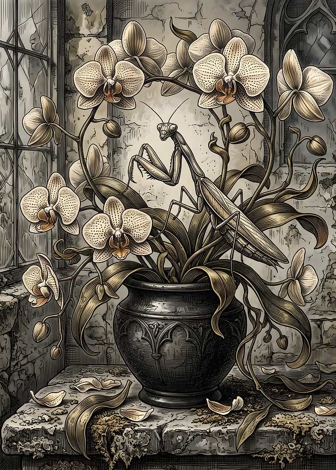 Mantis and Orchids in Vintage Vase