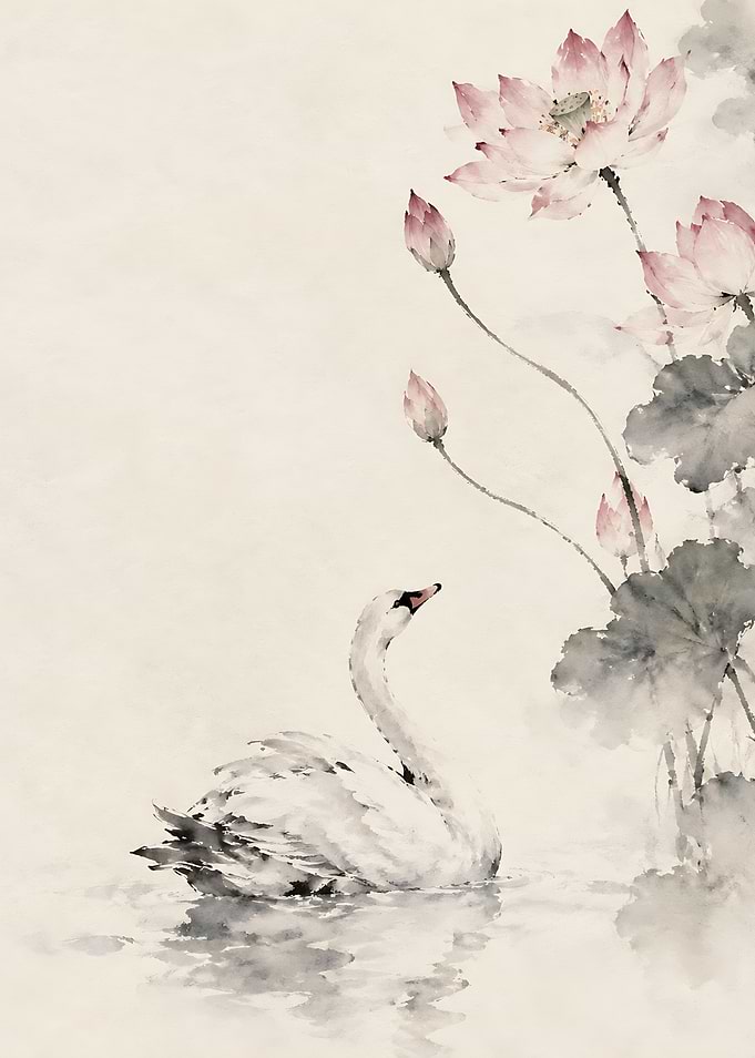 Swan and Lotus Ink Wash Painting