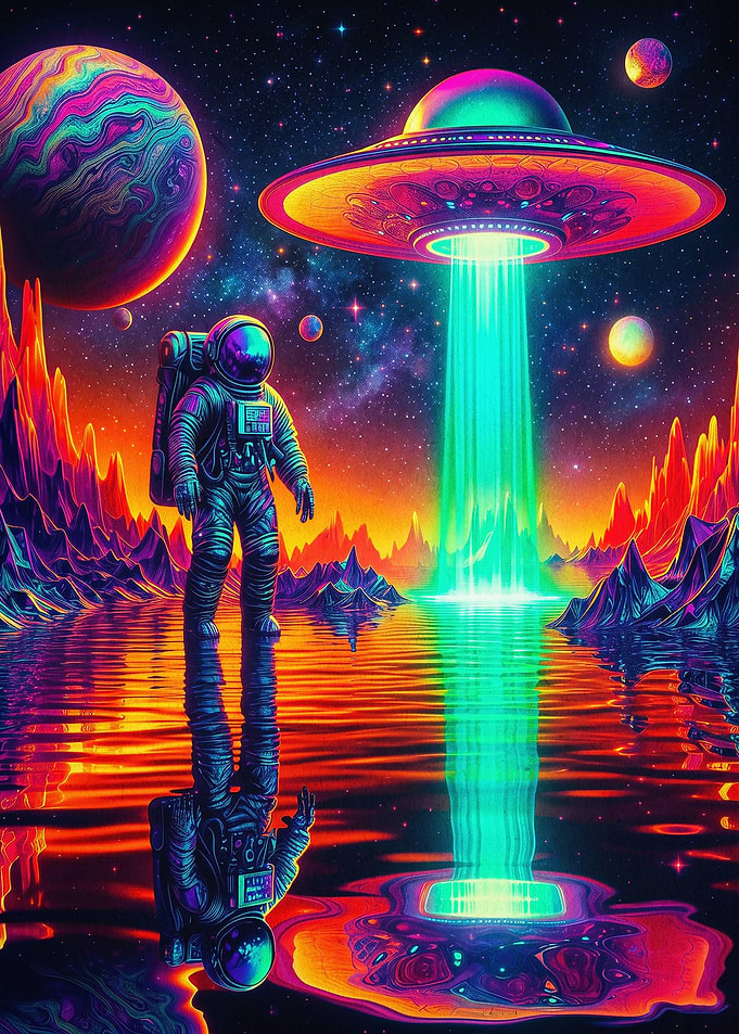 Cosmic UFO Neon Space Art Poster