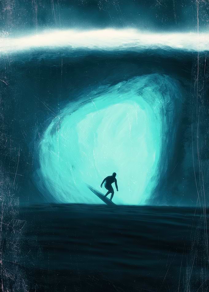 Surfer Riding a Glowing Wave