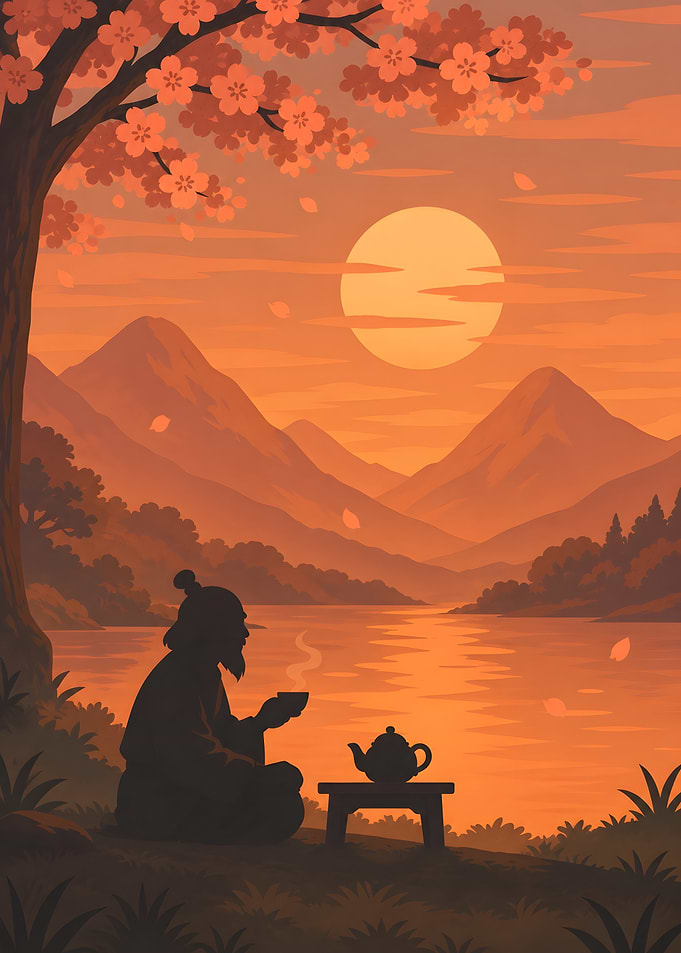 Sunset Tea Ceremony Mountain Lake Silhouette