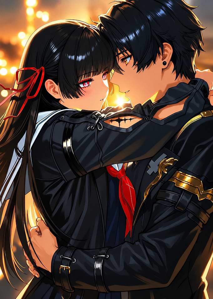 Anime Couple Embracing in Sunset Light