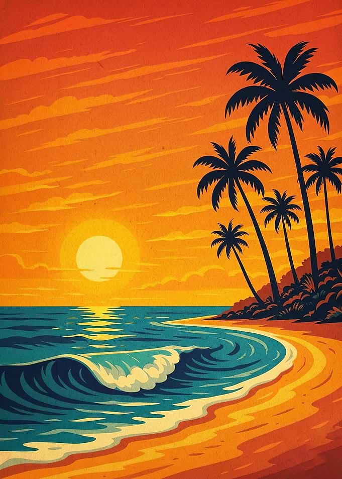 Sunset Beach Palm Trees Retro Art