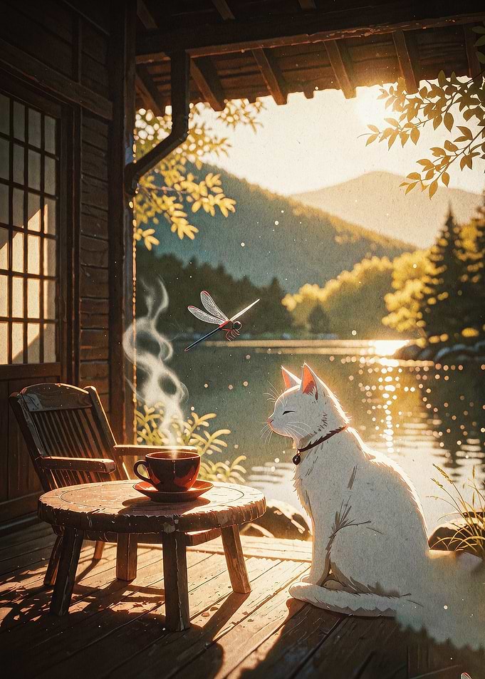 Cozy Cat Lake Morning Art Poster