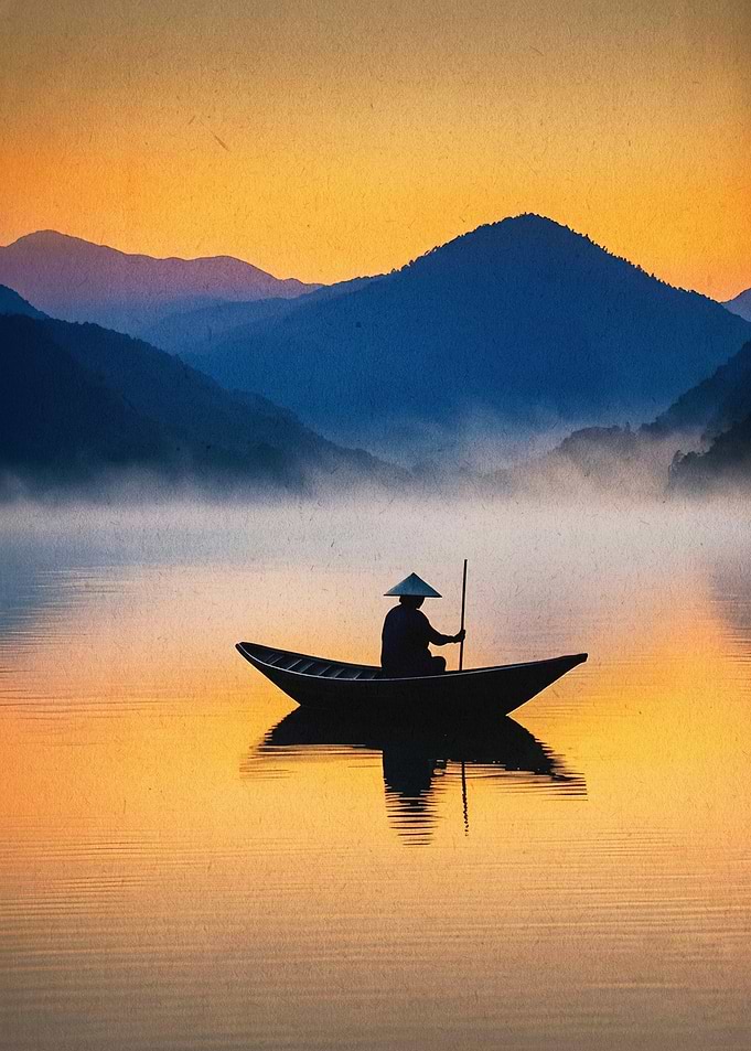 Asian River Boat Sunset Art Poster