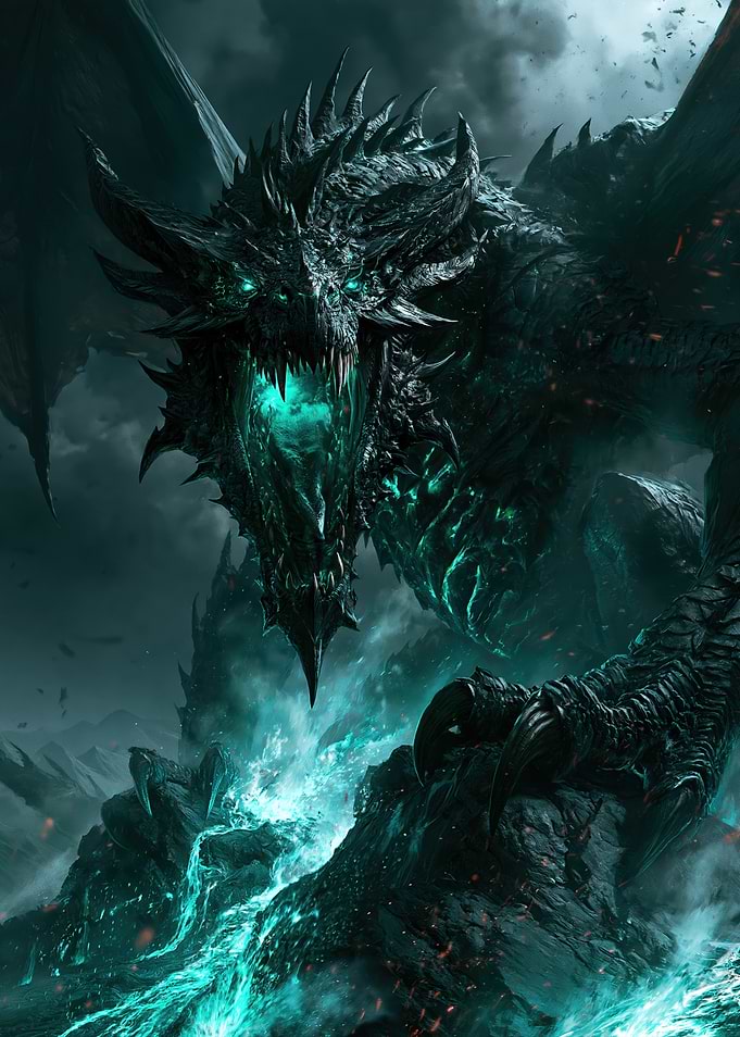 Fierce Dark Dragon with Cyan Fire