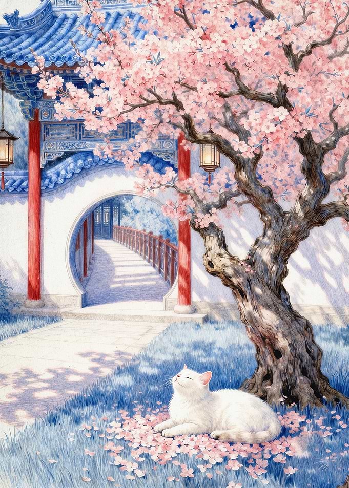 Cat Sakura Blossom Japanese Art