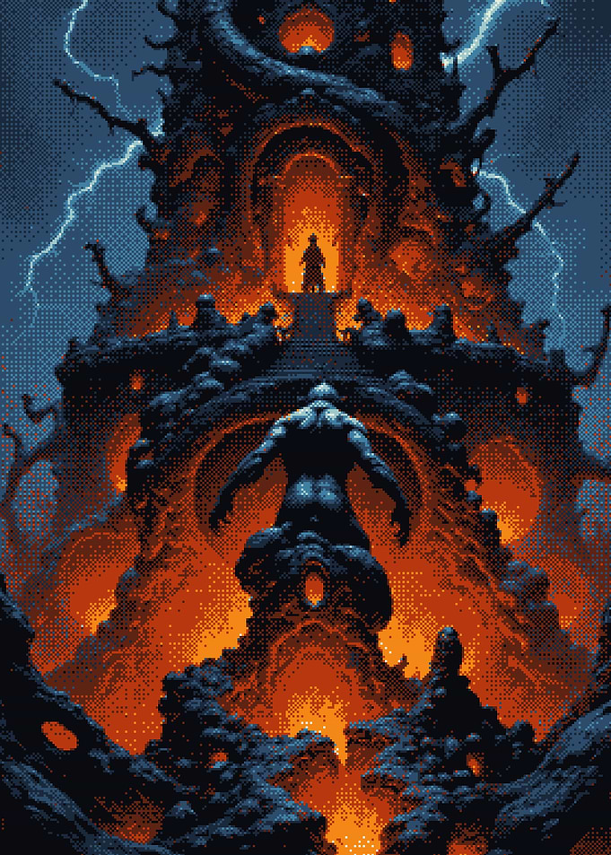 Dark Fantasy Tower and Demon Warrior