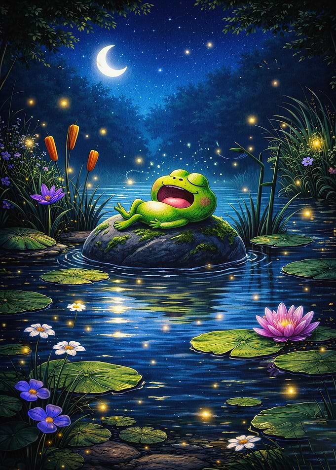 Sleeping Frog Night Pond Art Poster