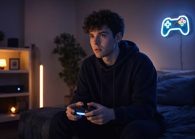 Young man playing video games