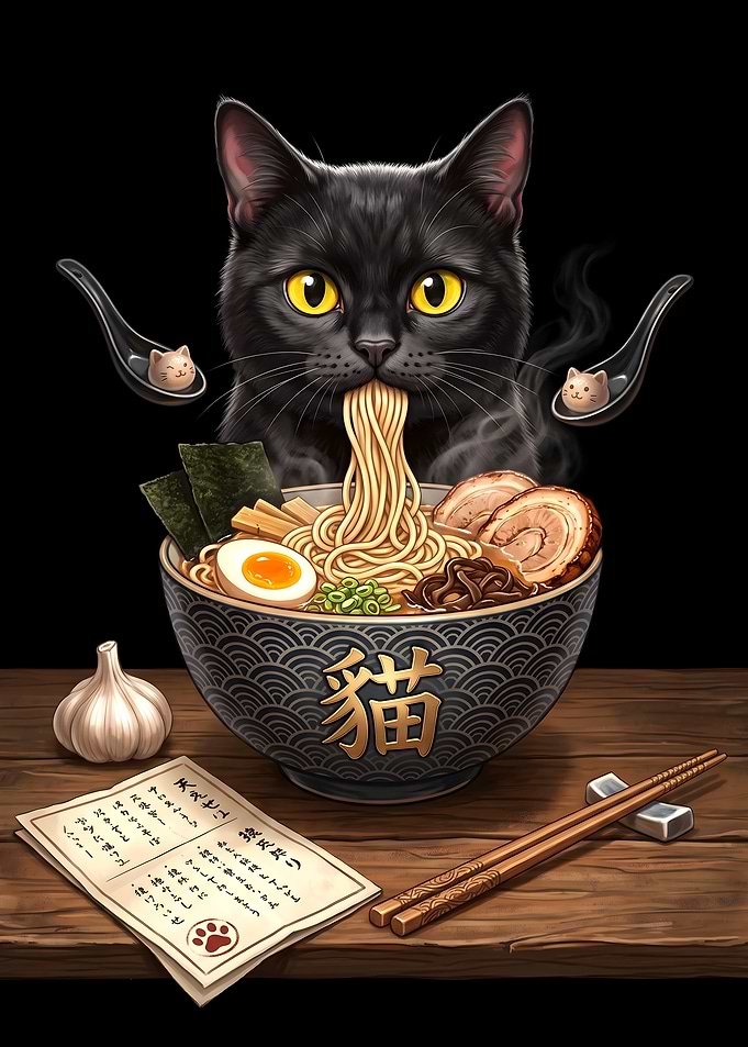 Black Cat Eating Ramen Bowl