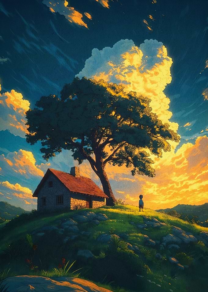 Hillside House Sunset Anime Poster