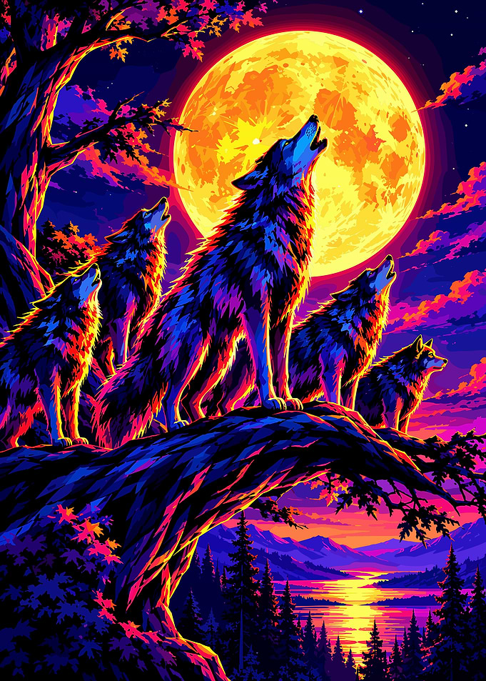 Neon Wolves Howling at Full Moon