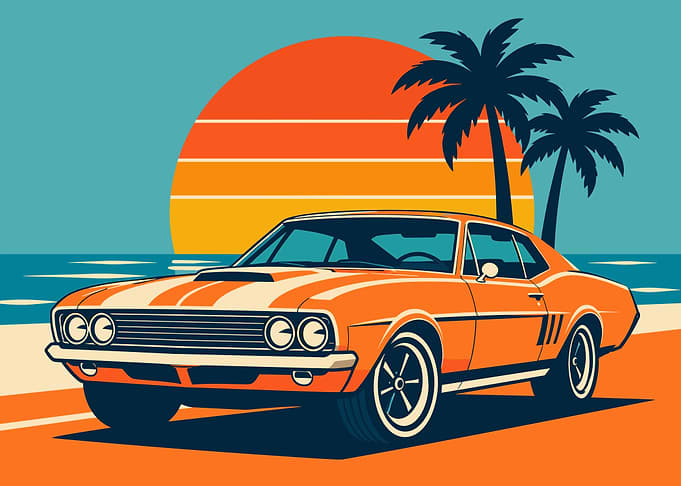 Retro Muscle Car Beach Sunset