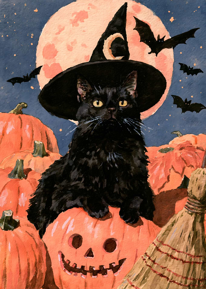 Black Cat Witch with Jack o Lantern and Moon - Watercolor Halloween Art
