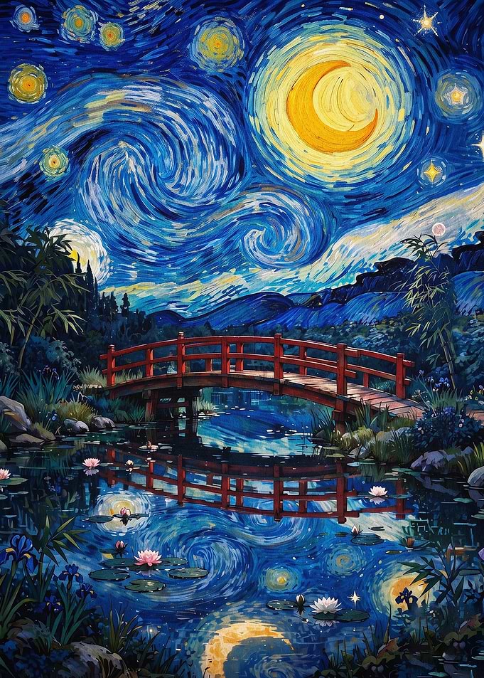Starry Night Bridge Japanese Art