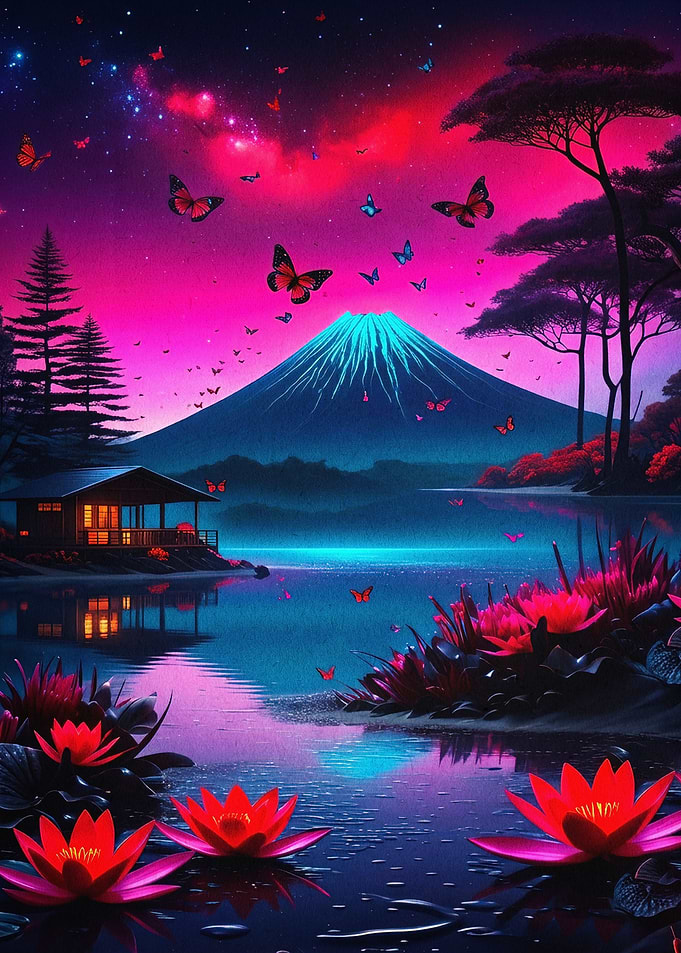Neon Fuji Butterfly Fantasy Art