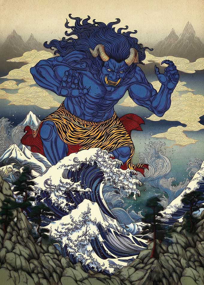 Blue Oni Demon Japanese Art Poster